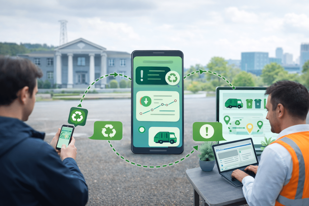 Citizens using a mobile app to communicate with a municipality, enabling two-way digital engagement for waste collection and recycling services.