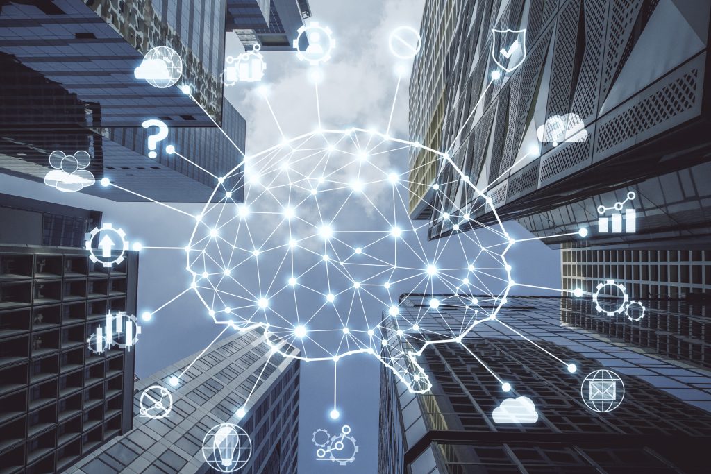 Bottom View City With Ai Brain Hologram And Skyscraper. Artificial Intelligence And Futuristic
