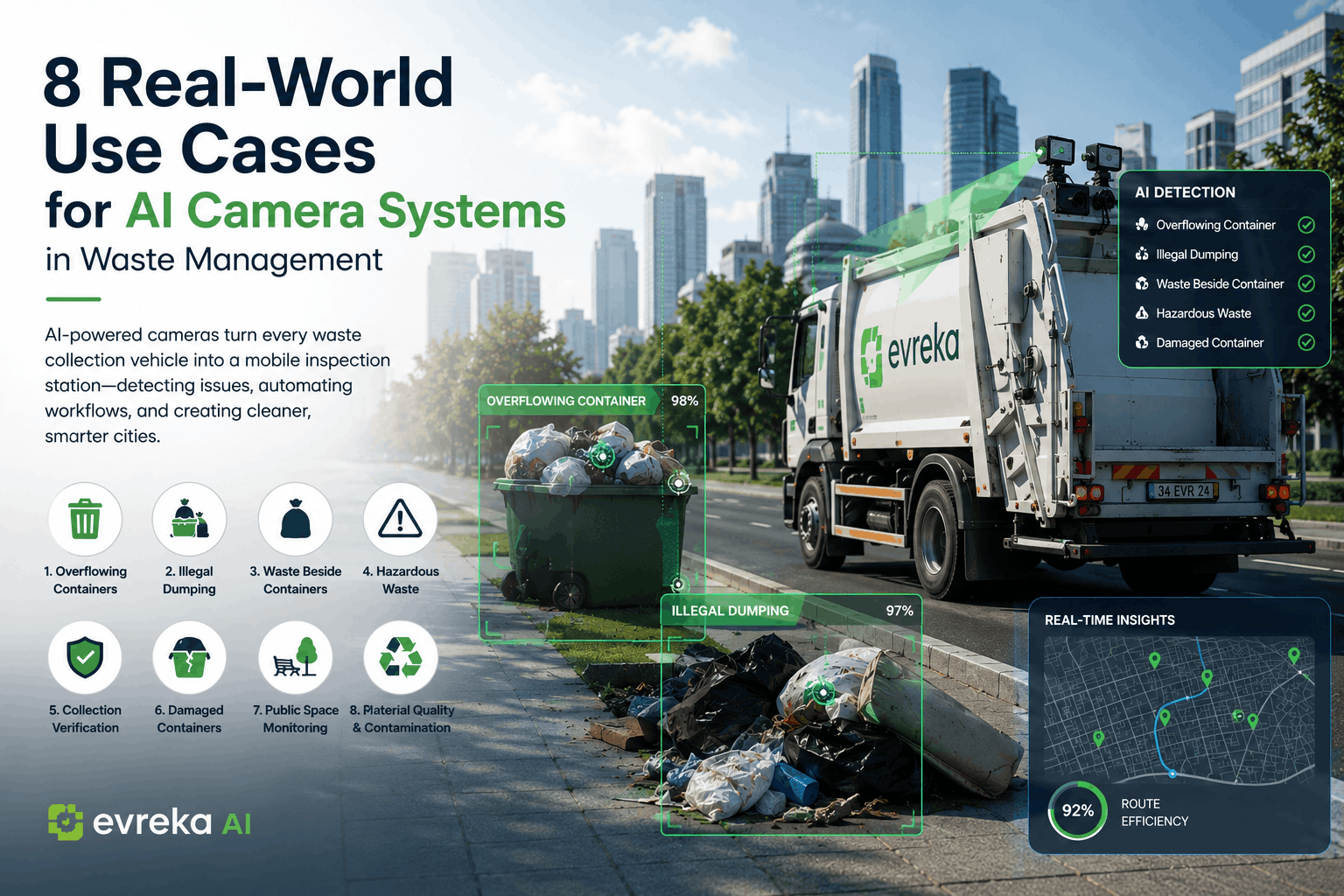 Illustration of an AI-enabled waste collection truck using computer vision to detect overflowing containers, illegal dumping, waste beside containers, and hazardous materials while driving through a city. The graphic highlights eight real-world AI camera use cases, including collection verification, damaged container detection, public space monitoring, and material quality inspection, integrated with real-time operational insights