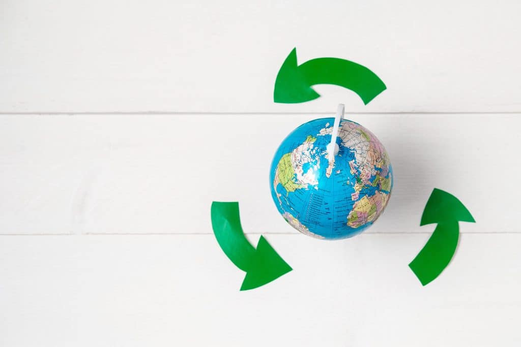Globe and Symbol Eco concept. Flat lay, Top view
