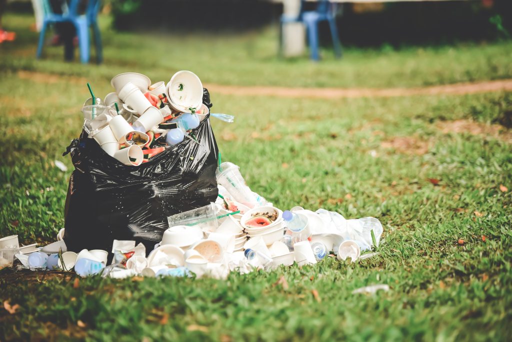 Litter Spilling Out of a Trash Bag on Grass