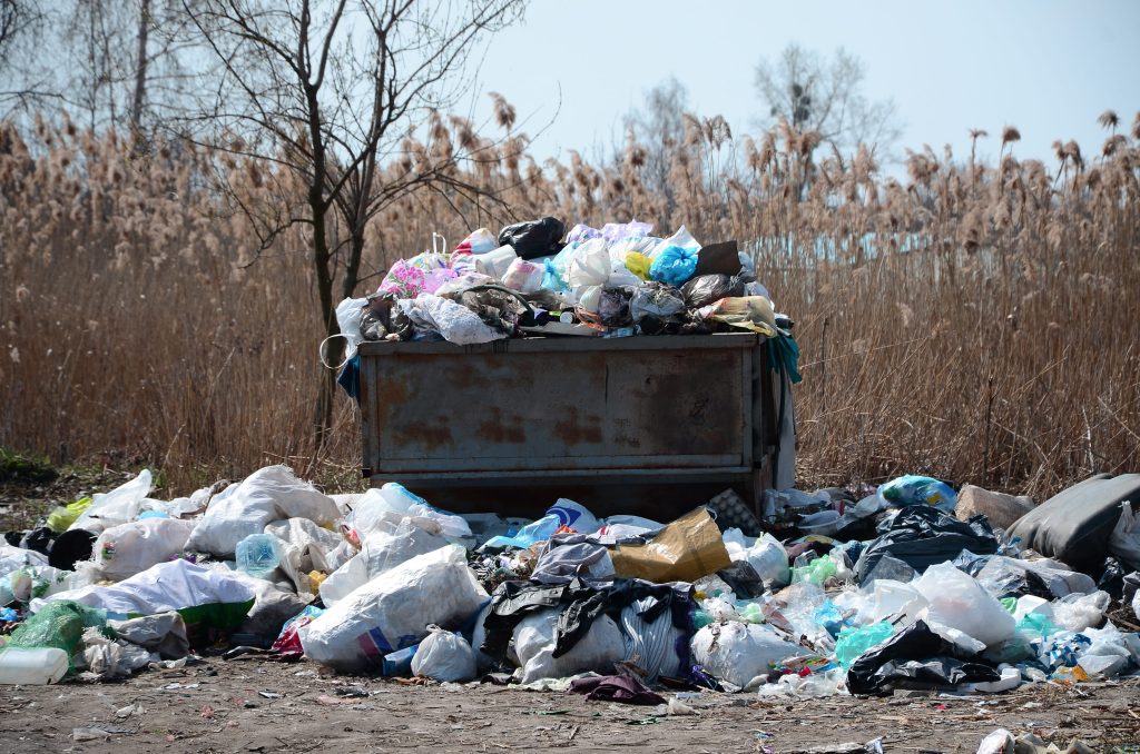 Pollution Overflowing from Dumpster onto Landscape