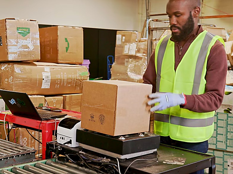 Facility worker weighing a sorted recycling box on a digital scale connected to the Evreka MRF Management system