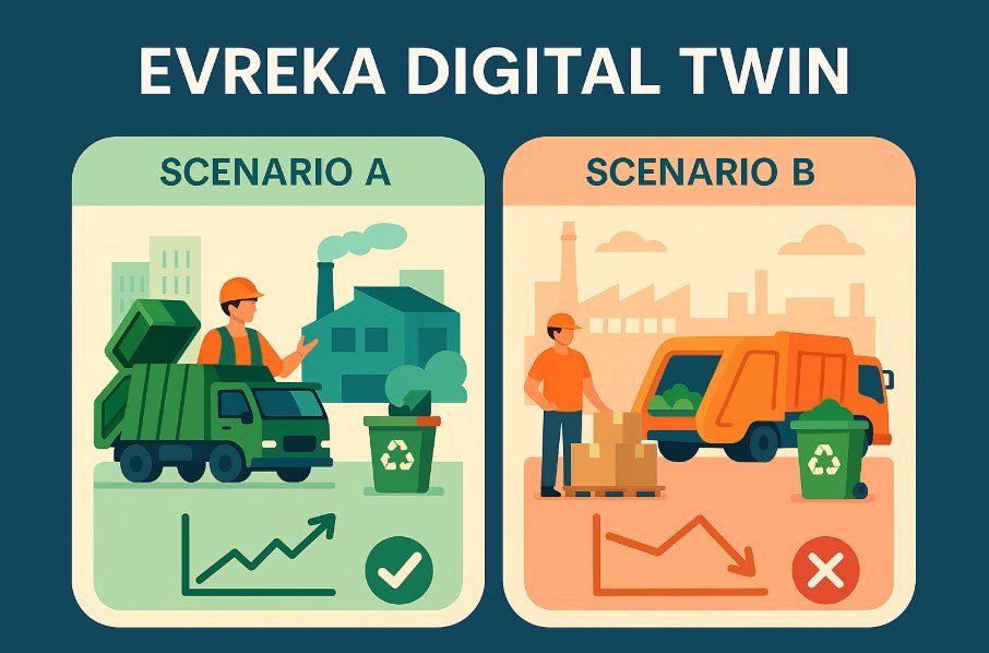 Evreka Digital Twin: two scenarios compared, one trending up and approved, one trending down and rejected