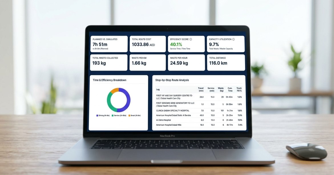 Digital Twin simulation dashboard showing route cost, efficiency score and capacity utilization