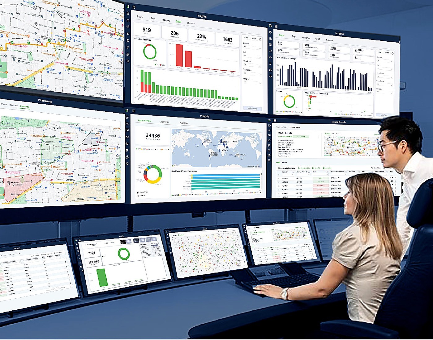 Operations team monitoring live route, fleet and client service dashboards in a control room