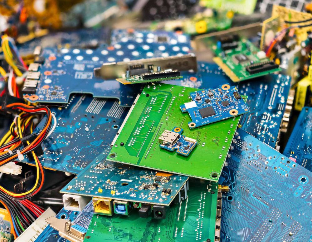 Sorted electronic waste circuit boards awaiting recycling